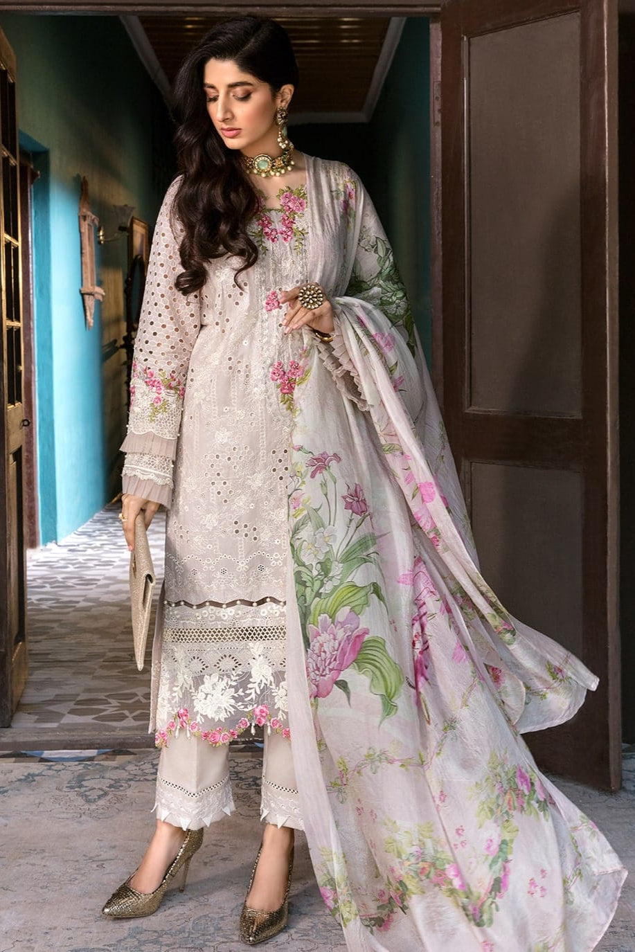 SR-EL12 Lawn Unstitched 3pc Fully Embroidered Suit With Silk Printed Dupatta