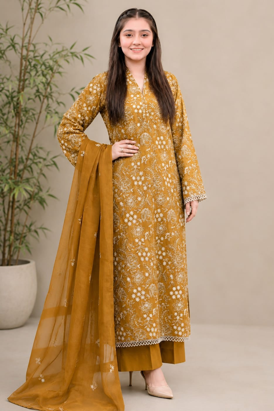 SR-BR09 Lawn 3Pc Embroidered Suit with Bamber Chiffon Embroidered Dupatta