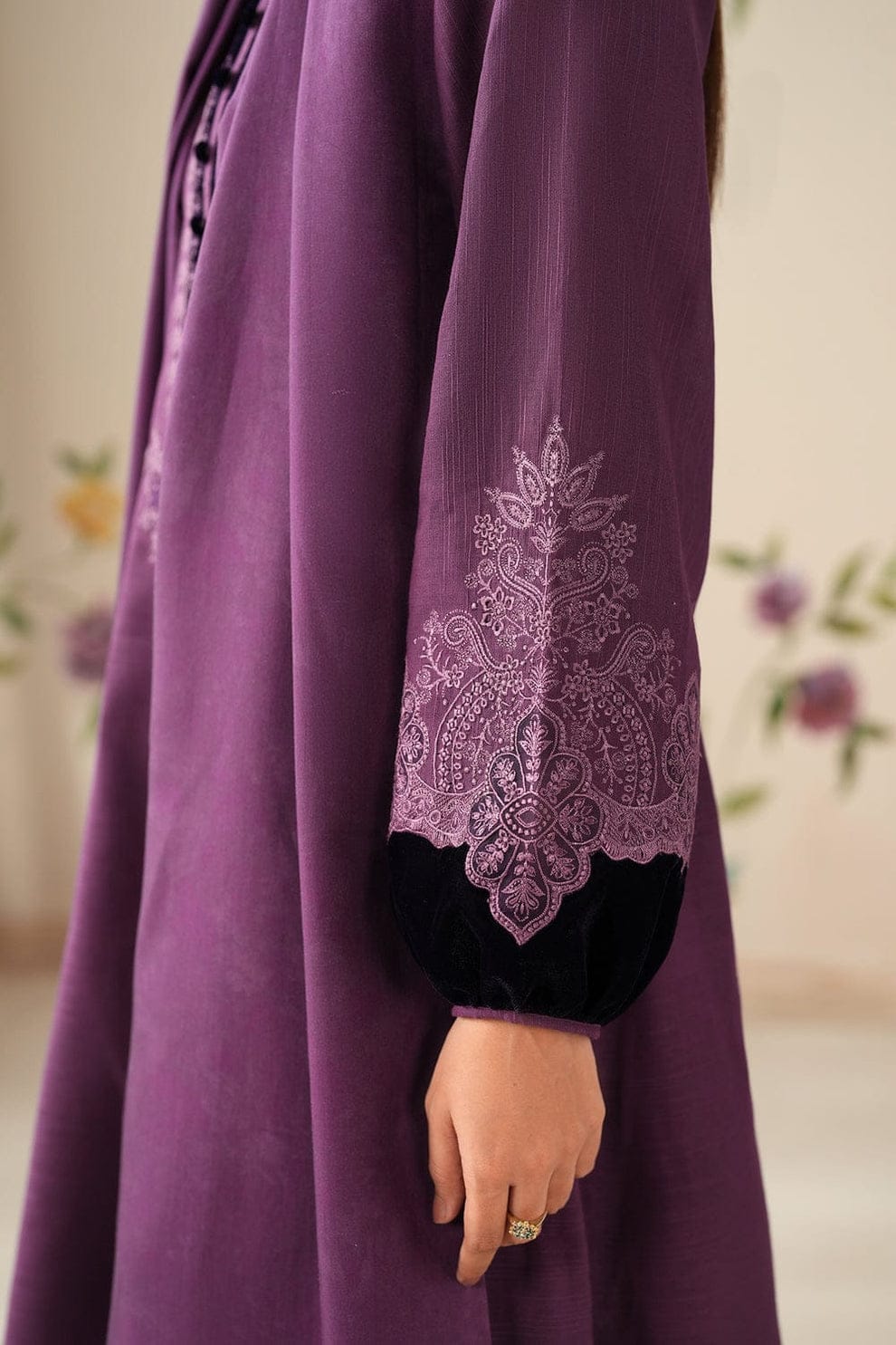 SR-64333 Black Velvet Aplic Embroidered Dhanak Suit  With Embroidered Dhanak Shawl Velvet Aplic