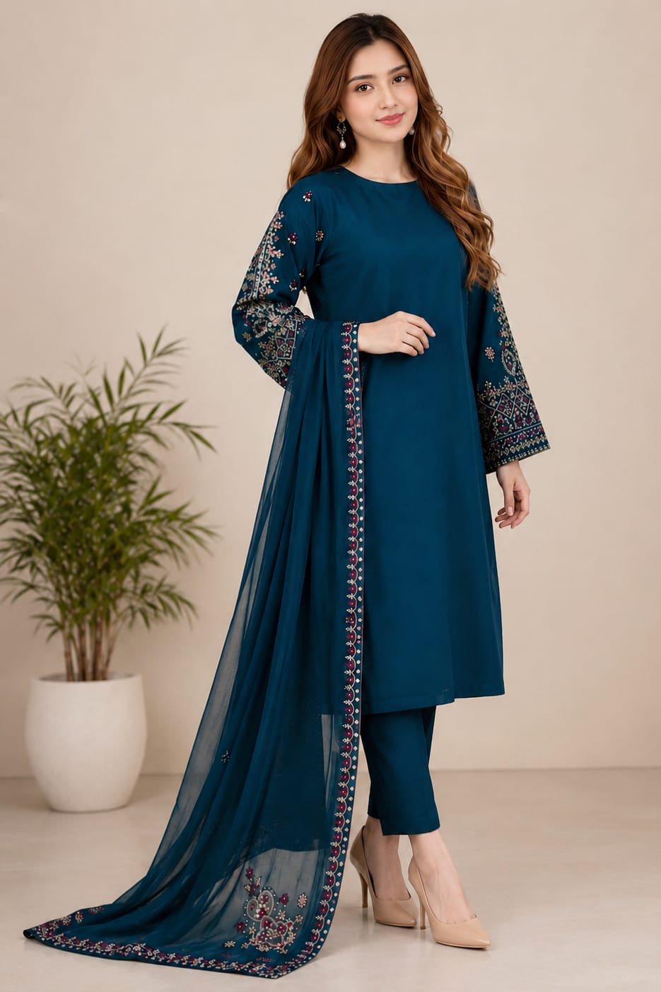 SR-LM479 Unstitched Embroidered Lawn Suit 3pc With Bamber Chiffon Embroidered Dupatta