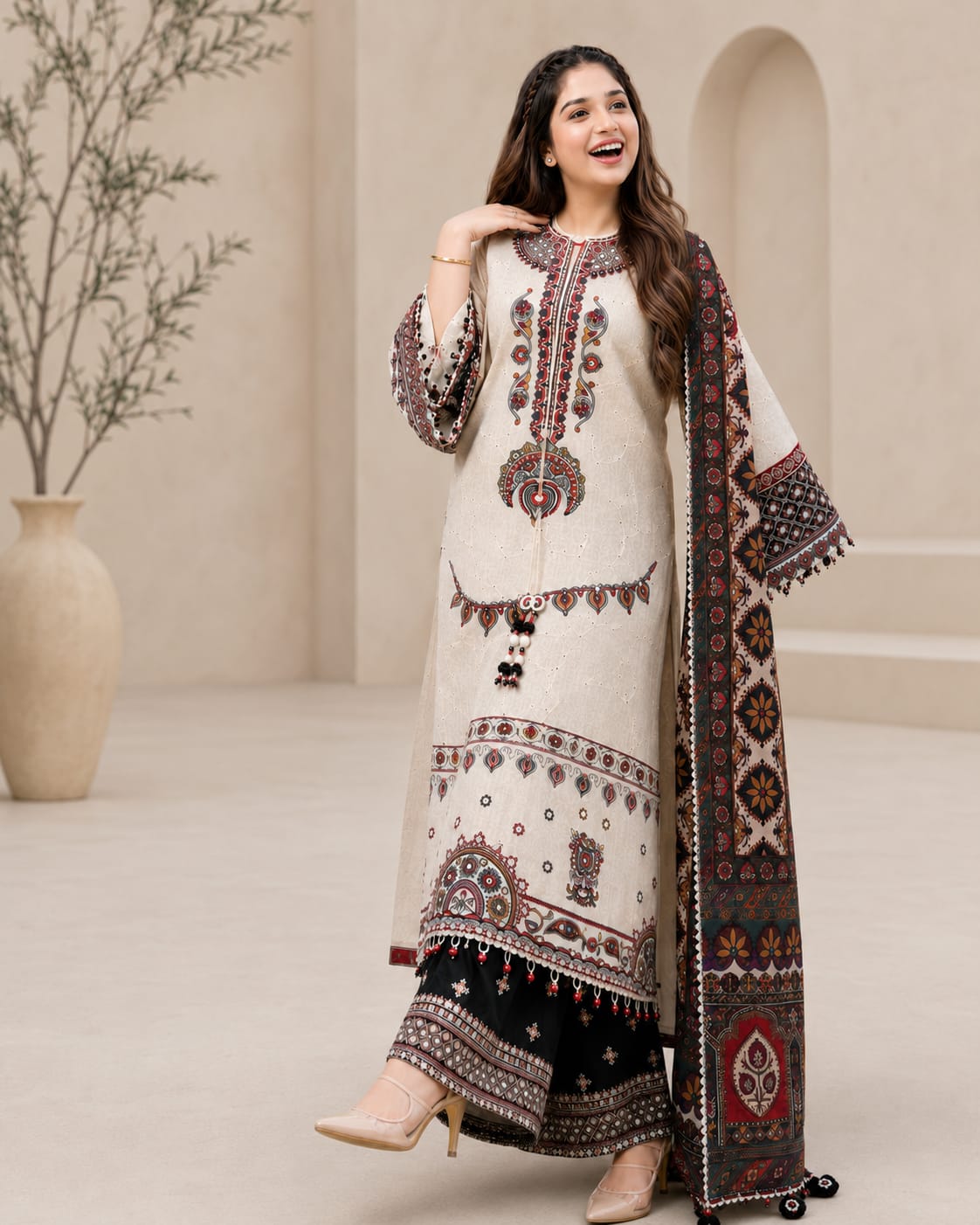 SR-JZ2800 Lawn Unstitched Fully Embroidered 3pc Suit With Poly Lawn Digital Printed Dupatta