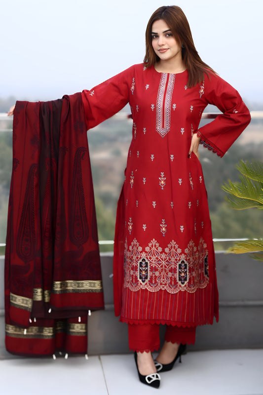 BRANDSINN-3PC KHADDAR CUTWORK EMBROIDERED SHIRT WITH KASHMIRI JACQUARD WOOL SHAWL-BIC-1552