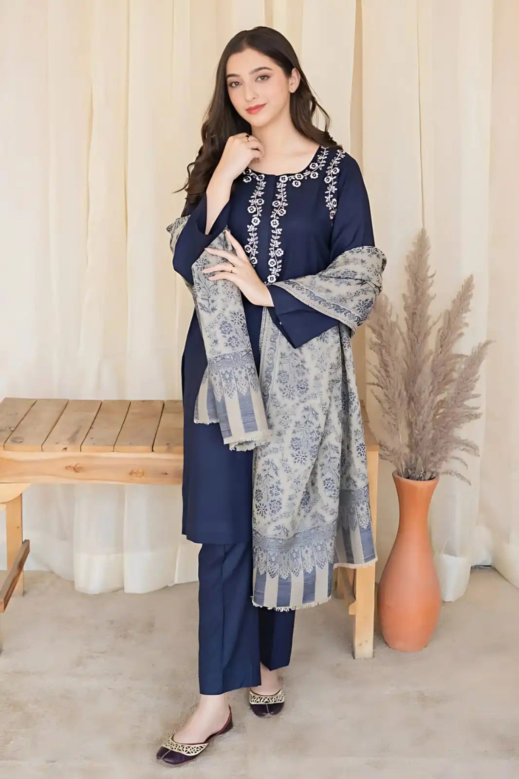 SR-MB830 Unstitched Fully Embroided Dhanak Suit With Wool Shawl