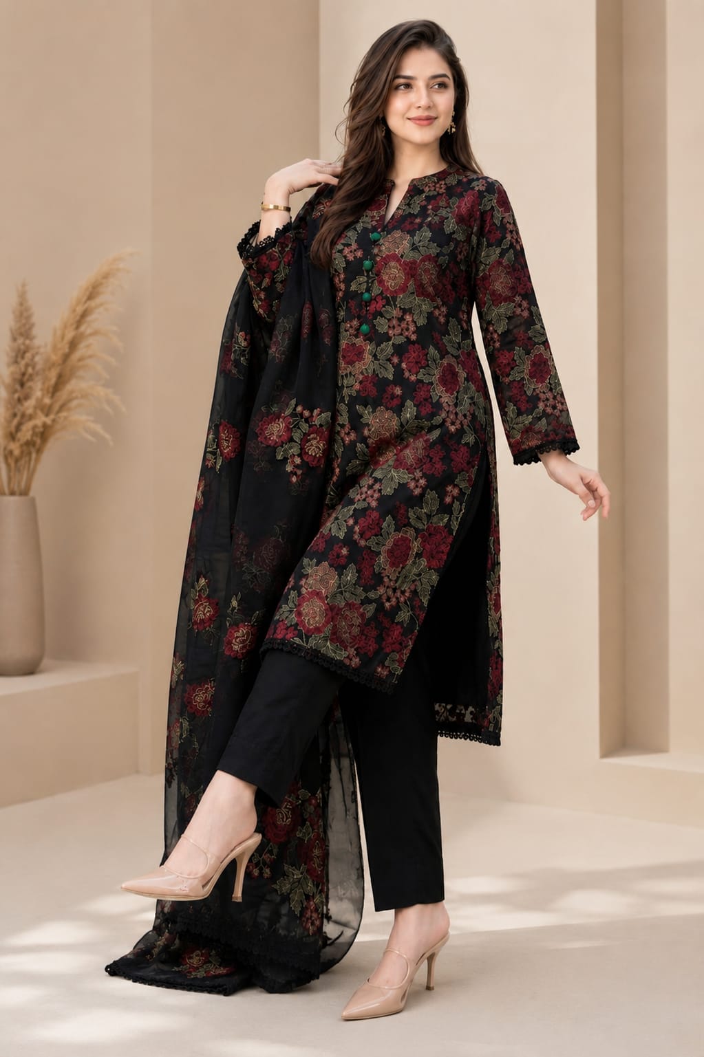 SR-BR345 Lawn Unstitched Embroidered 3pc Suit With Embroidered Bamber Chiffon Dupatta