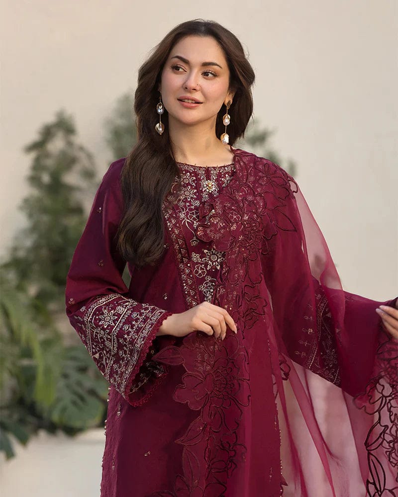 SR-2685 Lawn Unstitched Embroidered 3pc Suit With Organza Embroidered Cutwork Dupatta