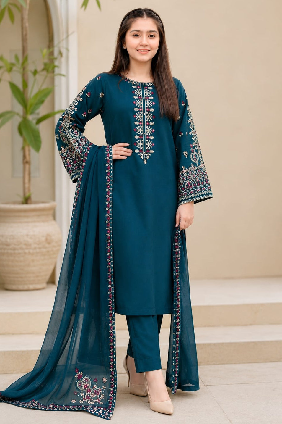 SR-D34 Unstitched Embroidered Lawn Suit 3pc With Bamber Chiffon Embroidered Dupatta