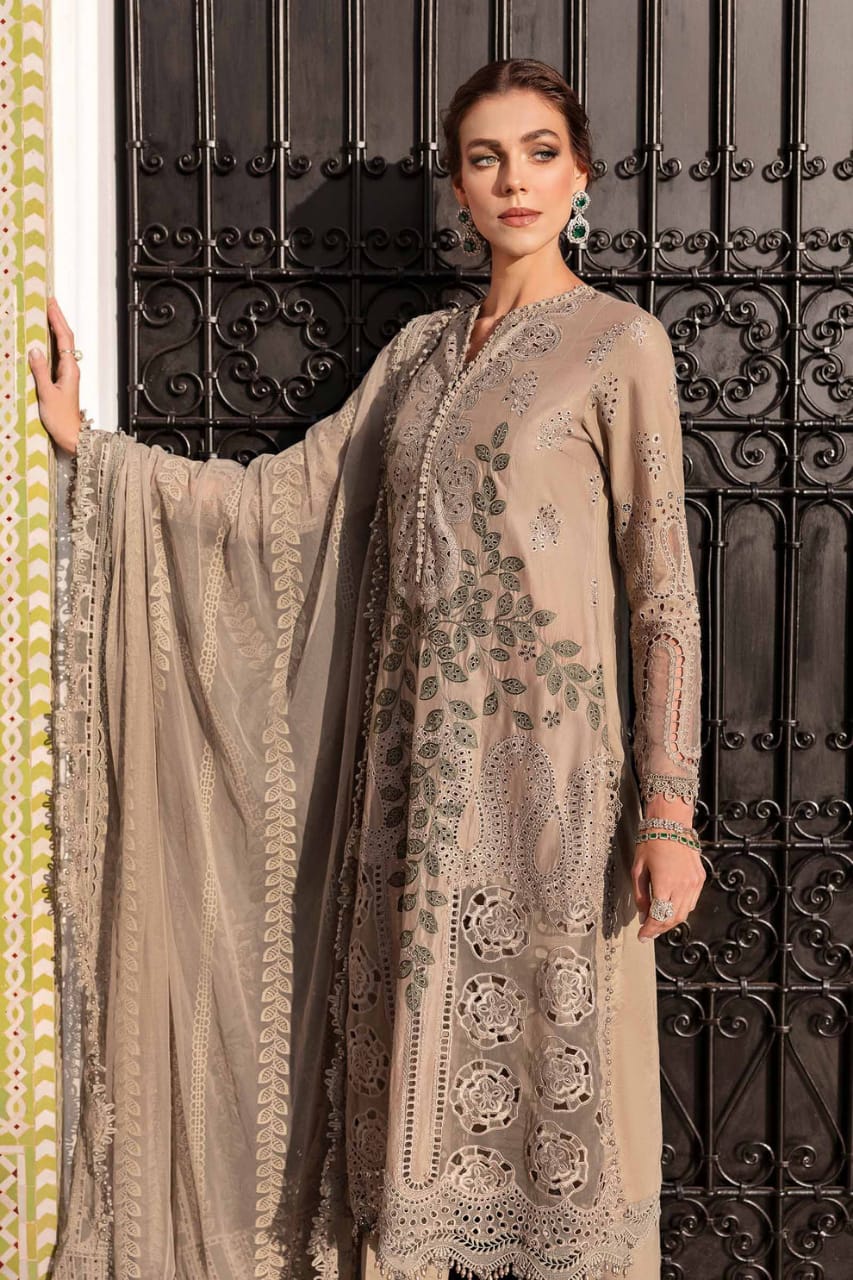 SR-MB2665 Lawn Unstitched Chiken Kari 3pc Suit With Organza Embroidered Dupatta
