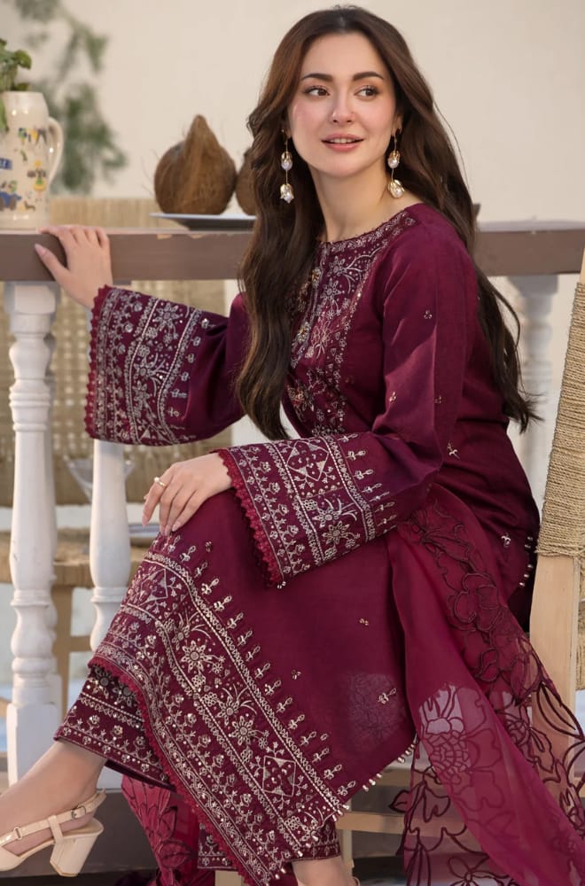 SR-2685 Lawn Unstitched Embroidered 3pc Suit With Organza Embroidered Cutwork Dupatta