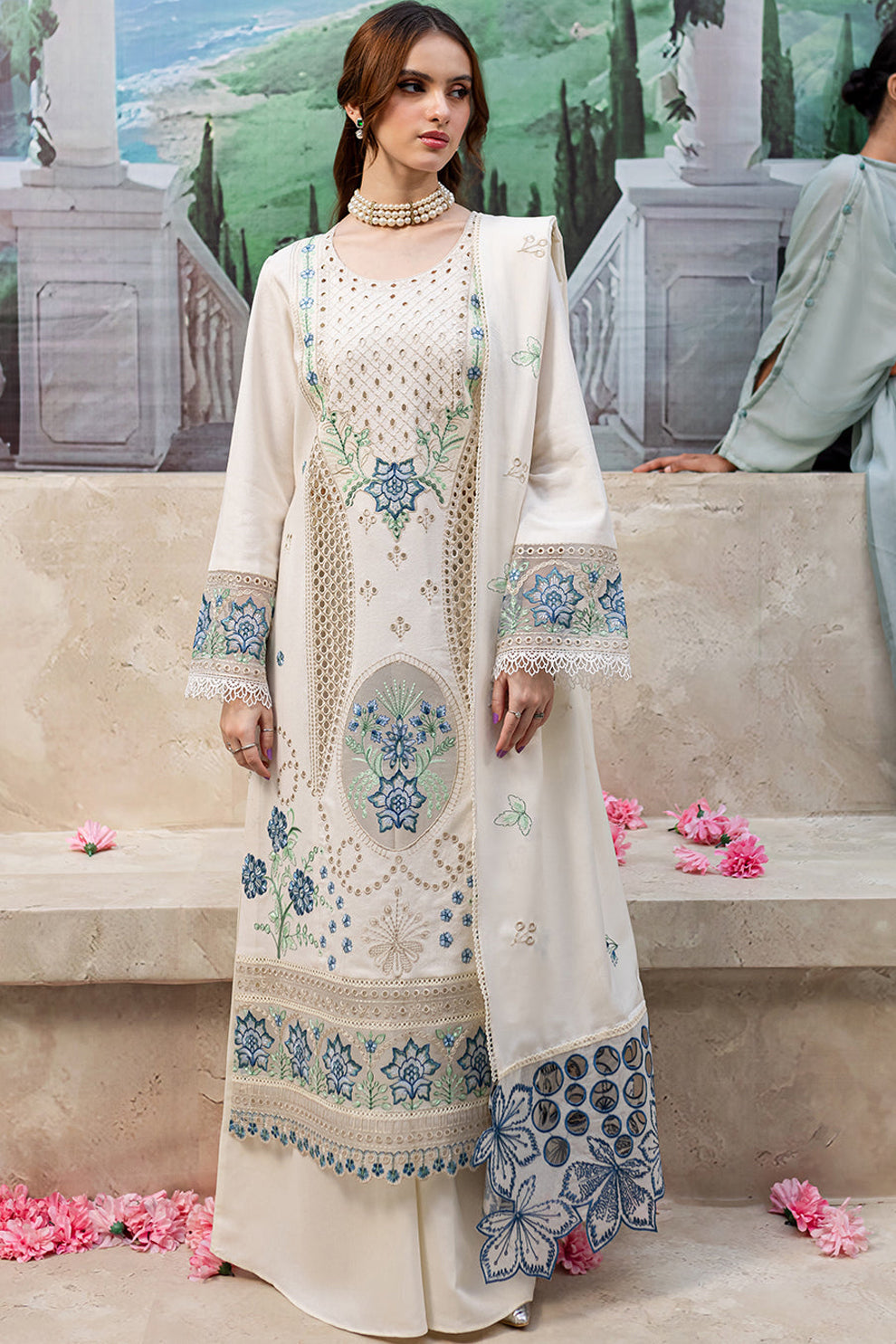 MAHNUR-3PC DHANAK LASER CUT EMB SHIRT WITH DHANAK LASERCUT EMB DUPATTA & TROUSER-BIC-4103