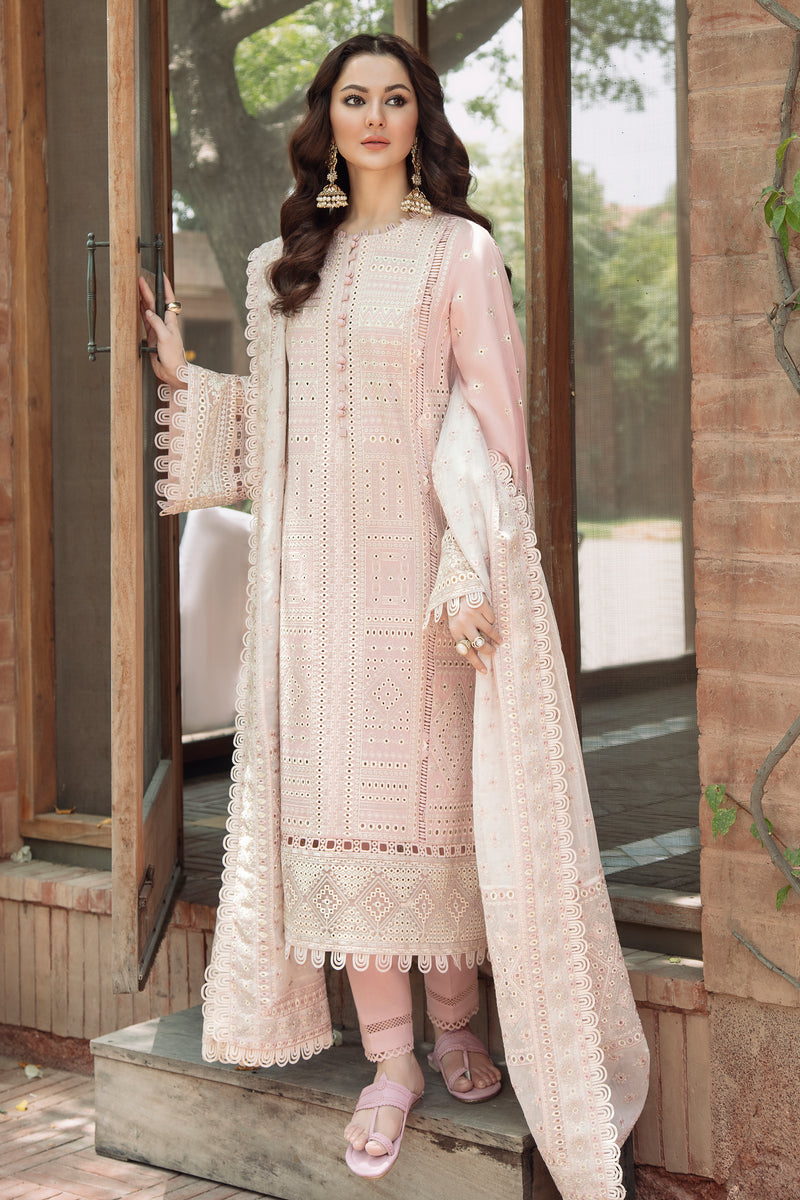 JAZMIN-3PC LAWN CHIKANKARI EMBROIDERED SHIRT WITH KHADDI NET EMB DUPATTA AND TROUSER -BIC-4552