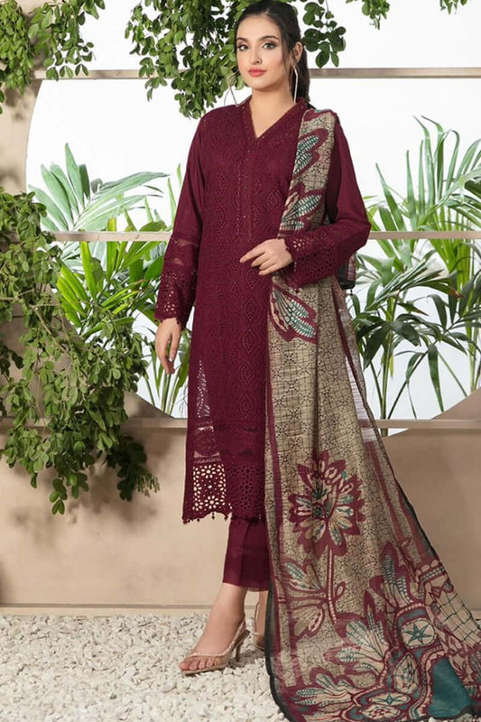 Lawn Embroidered 3pc Suit With Monar Zari Dupatta