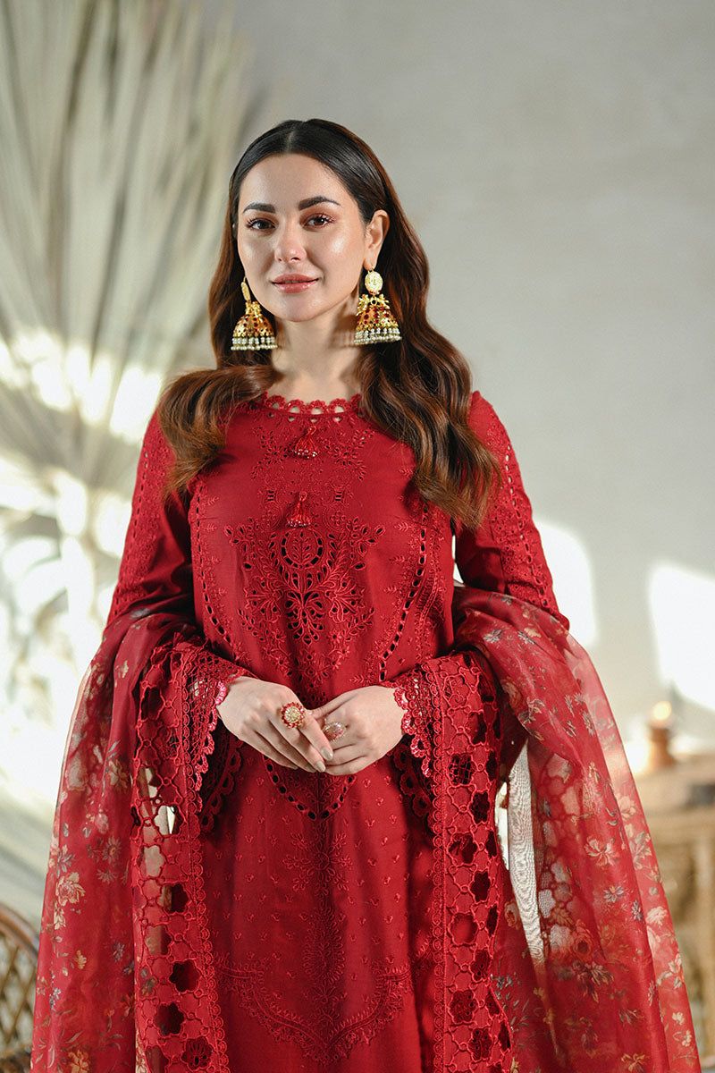 QALAMQAR-3PC LAWN CHIKAANKARI EMBROIDERED SHIRT WITH CHIFFON PRINTED EMB DUPATTA AND TROUSER-BIC-4665