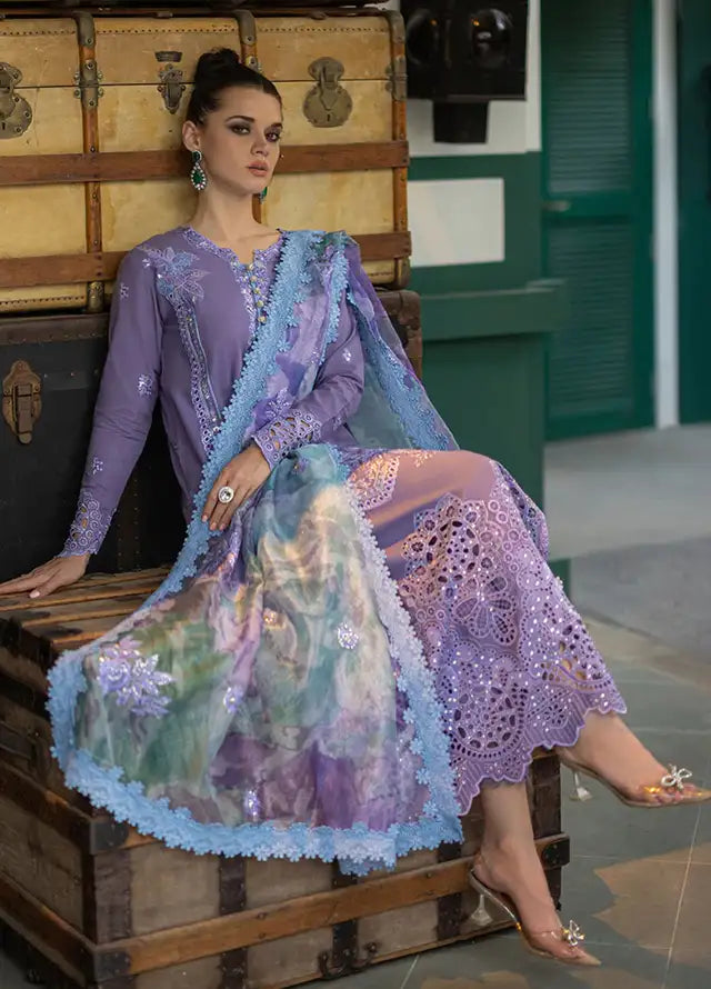 SR-OR86 Lawn Unstitched 3pc Fully Embroidered Suit With Cotton Net Silky Printed Dupatta 4 Sided Embroidered Lace