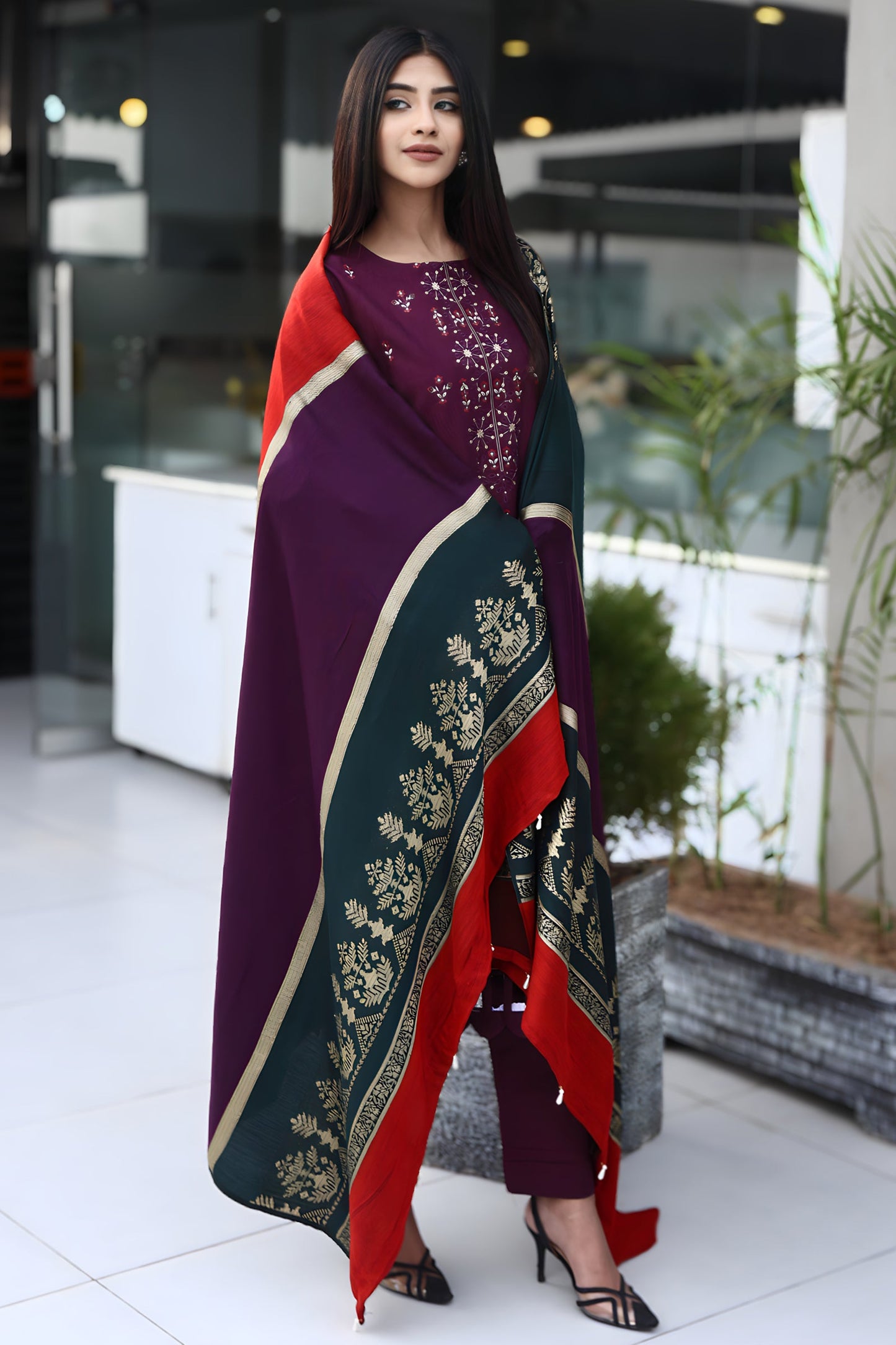 BRANDSINN-3PC KHADDAR CUTWORK EMBROIDERED SHIRT WITH KASHMIRI JACQUARD WOOL SHAWL-BIC-1550