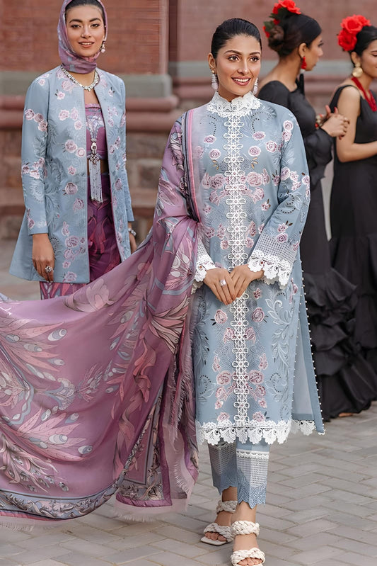 Chikenkari Unstitched Embroidered 3pc Lawn Suit With Silk Digital Printed Dupatta