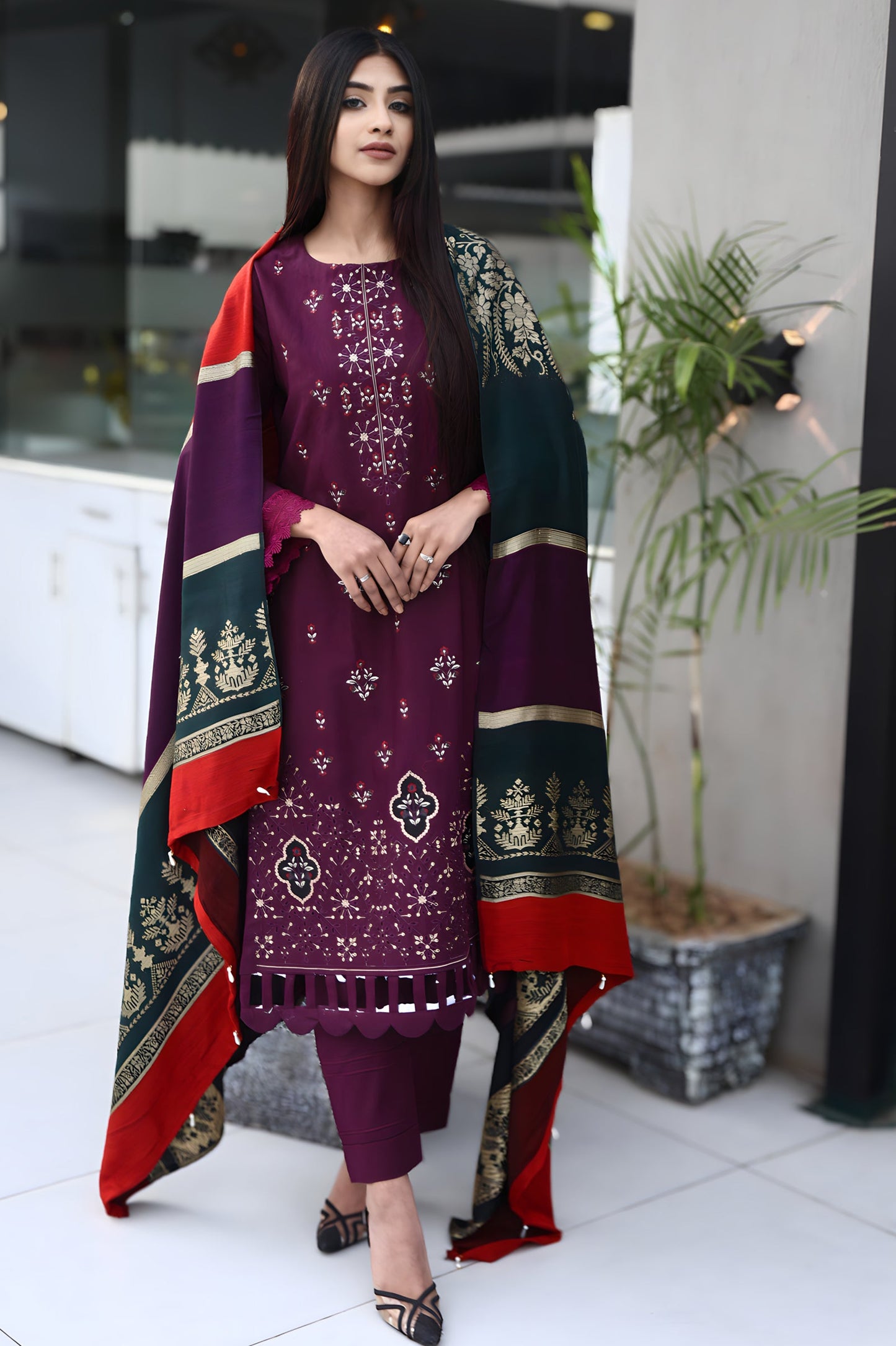 BRANDSINN-3PC KHADDAR CUTWORK EMBROIDERED SHIRT WITH KASHMIRI JACQUARD WOOL SHAWL-BIC-1550